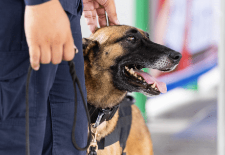 NSTA Tasmania trainee practicing patrol techniques with a trained security dog in Hadspen, Tasmania.